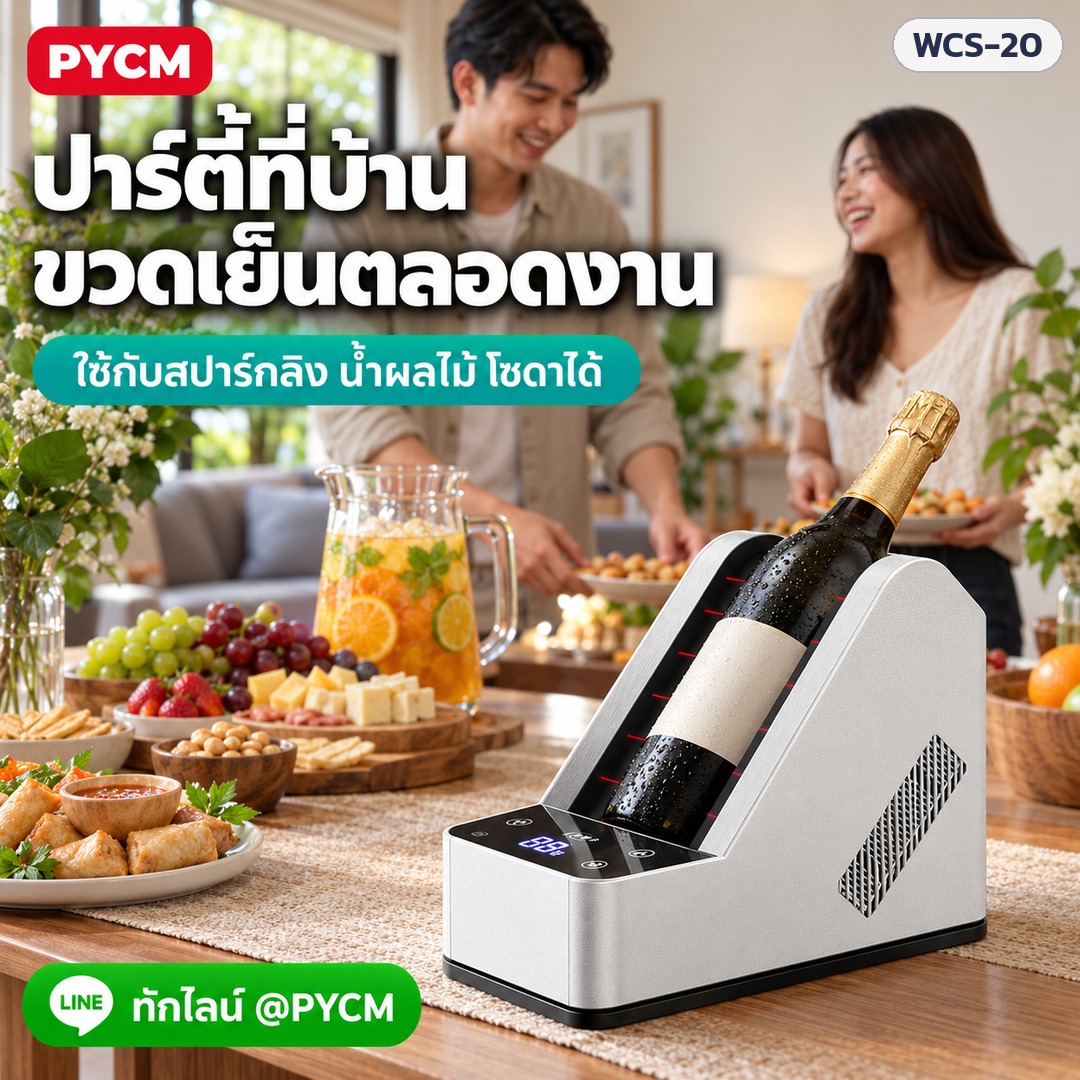 เครื่องทำเย็นขวดไวน์ตั้งโต๊ะ WCS-20 – ใช้กับขวดสปาร์กลิง น้ำผลไม้อัดลม โซดา ได้ สีขาวเข้ากับโต๊ะโทนสว่าง (ภาพประกอบ)