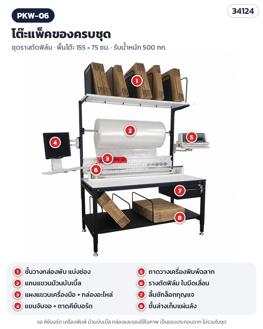 โต๊ะแพ็คของครบชุด 155×75 ซม. ชั้นวางกล่อง แกนม้วนบับเบิ้ล รางตัดฟิล์ม แขนจอ 7 รุ่น