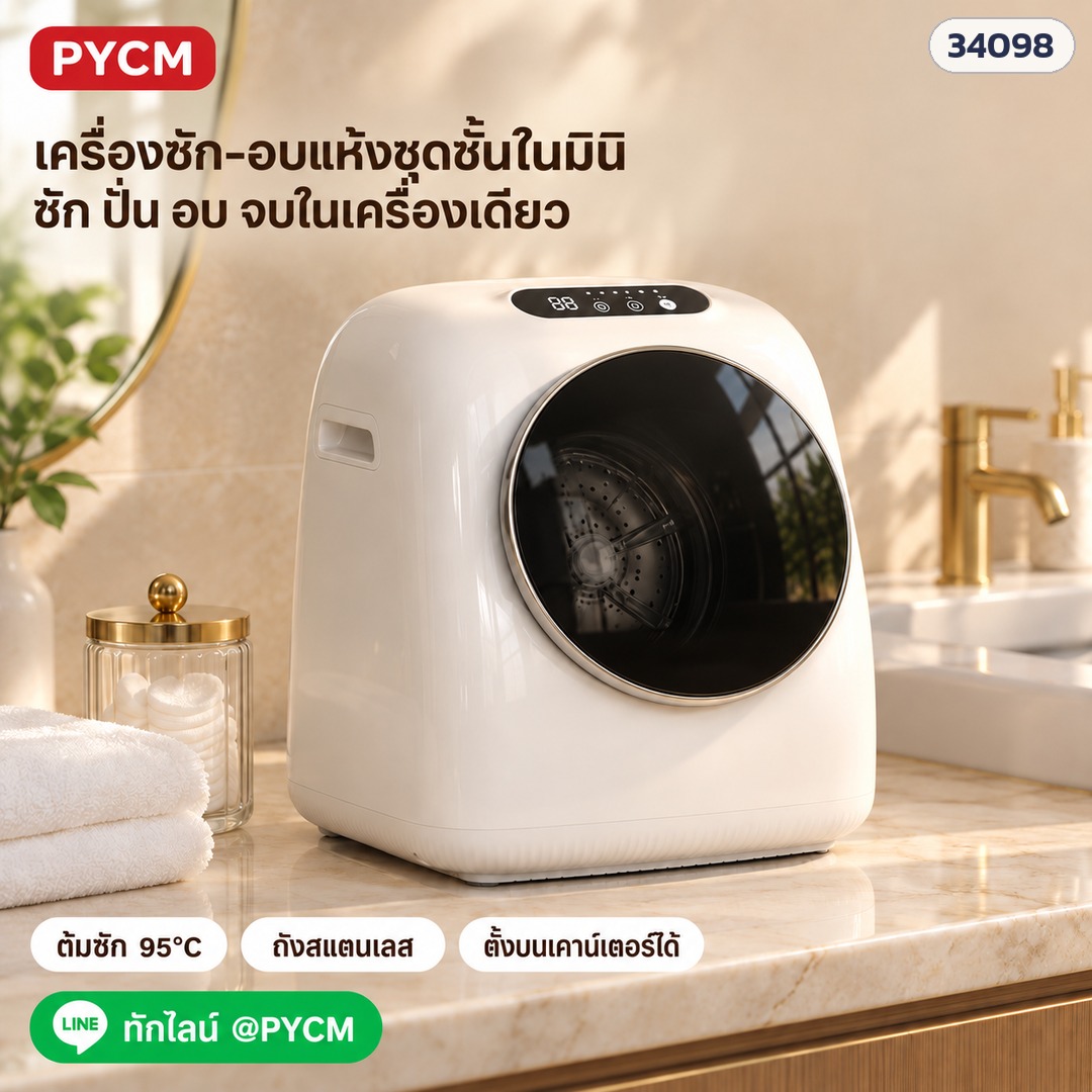 เครื่องซัก-อบแห้งชุดชั้นในมินิ รุ่นฝาหน้า ซัก ปั่น อบ จบในเครื่องเดียว ต้มซัก 95°C ถังสแตนเลส ตั้งบนเคาน์เตอร์ได้ (ภาพประกอบ)