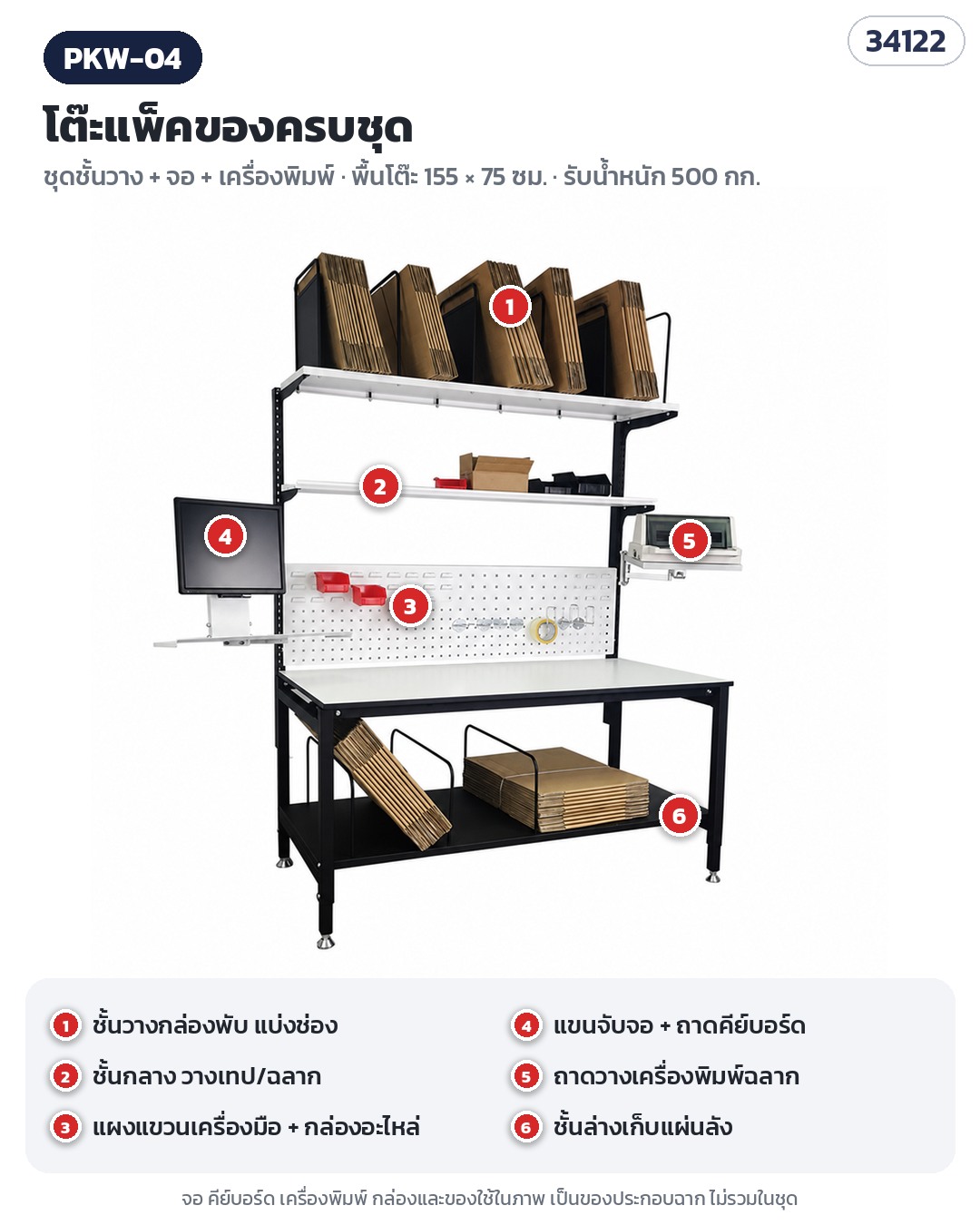 โต๊ะแพ็คของครบชุด – PKW-04 ชั้นกลาง + จอ + เครื่องพิมพ์ — ชั้นกลาง + แขนจับจอ/ถาดคีย์บอร์ด + ถาดวางเครื่องพิมพ์ (ไม่มีแกนม้วน)