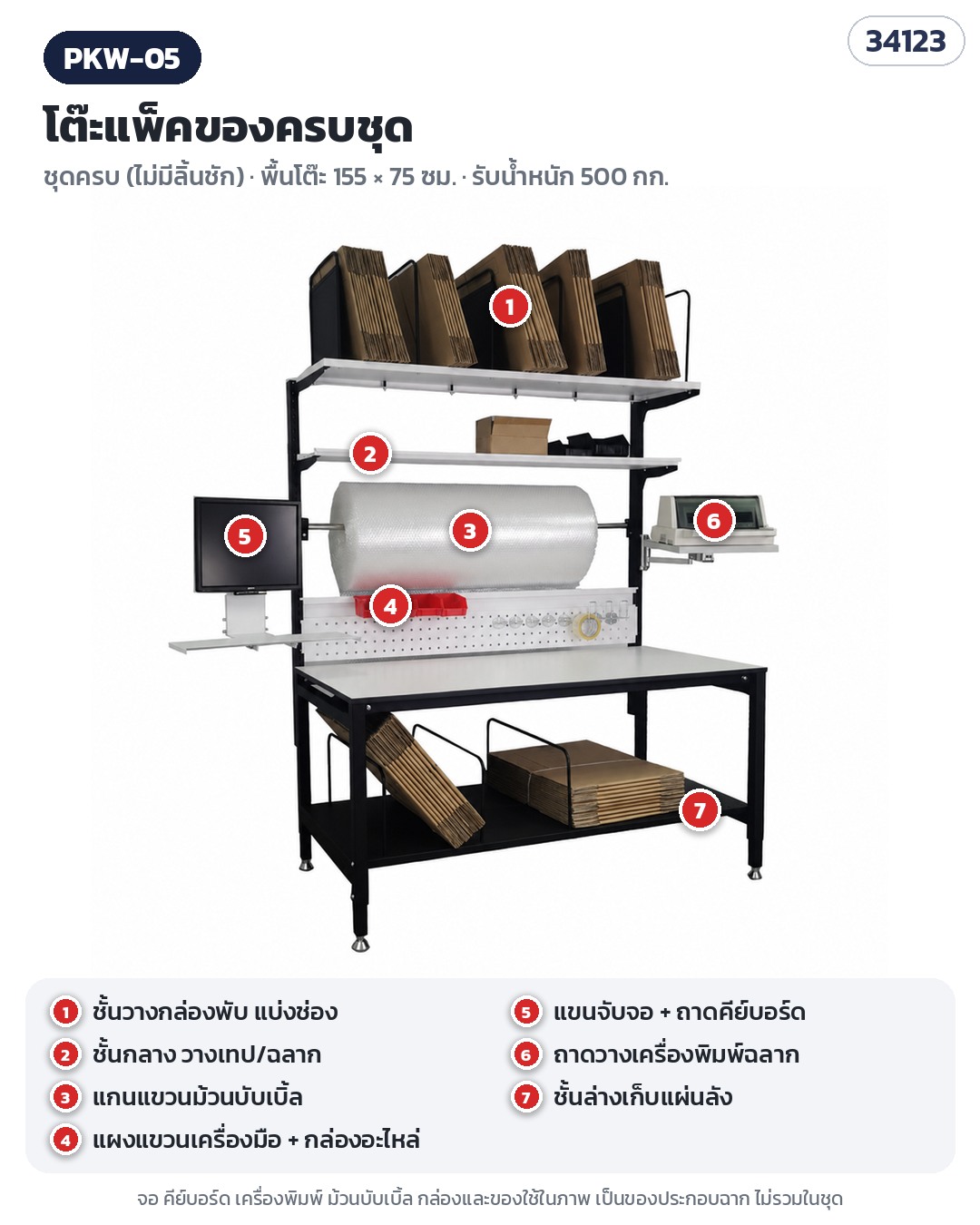 โต๊ะแพ็คของครบชุด – PKW-05 ครบชุด (ไม่มีลิ้นชัก) — ชั้นกลาง + แกนม้วนบับเบิ้ล + แขนจับจอ + ถาดวางเครื่องพิมพ์