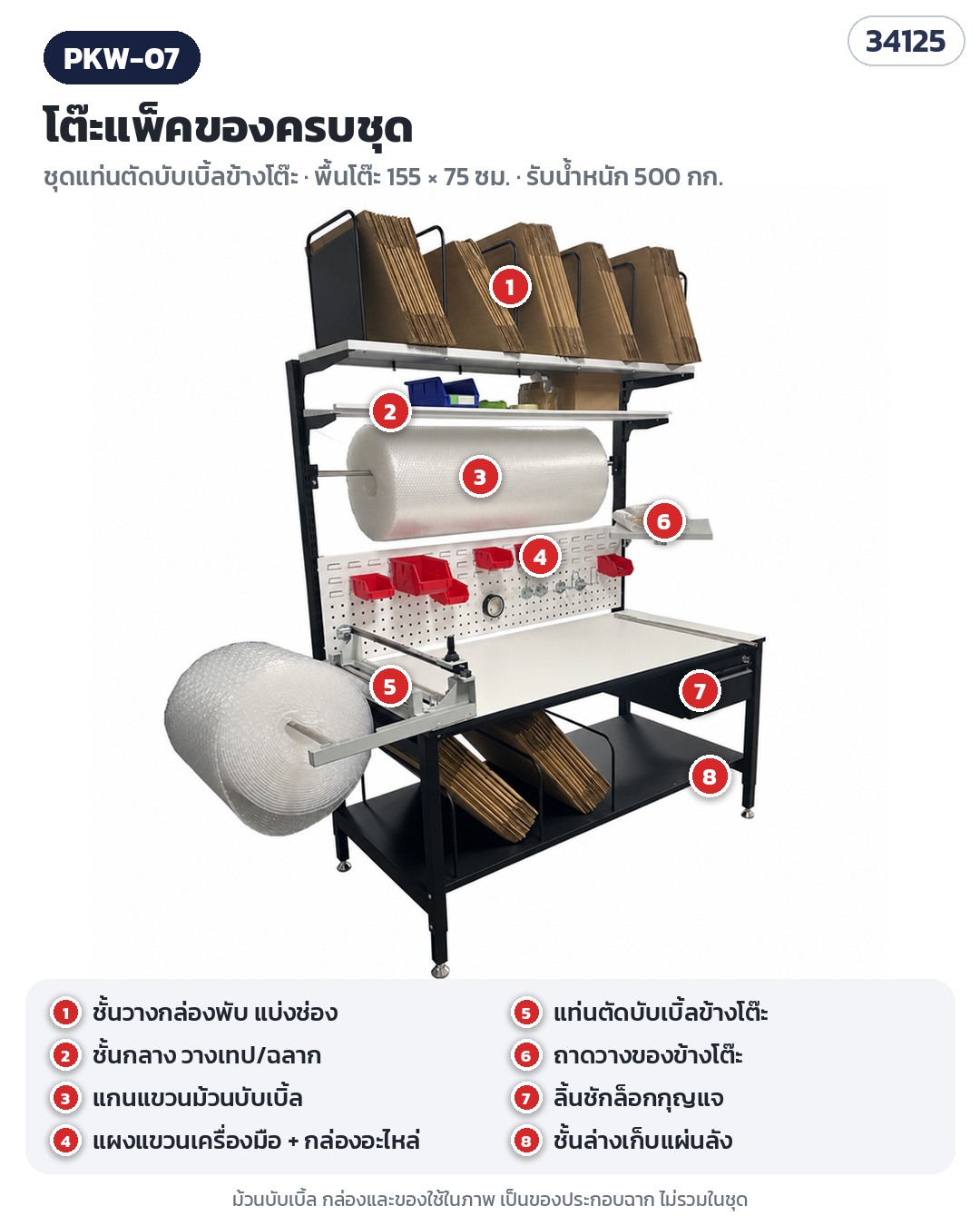 โต๊ะแพ็คของครบชุด – PKW-07 แท่นตัดบับเบิ้ลข้างโต๊ะ (รุ่นท็อป) — ชั้นกลาง + แกนม้วนเหนือโต๊ะ + แท่นตัดบับเบิ้ลข้างโต๊ะรับม้วนใหญ่ + ถาดข้าง + ลิ้นชักล็อก (ไม่มีแขนจอ/เครื่องพิมพ์)