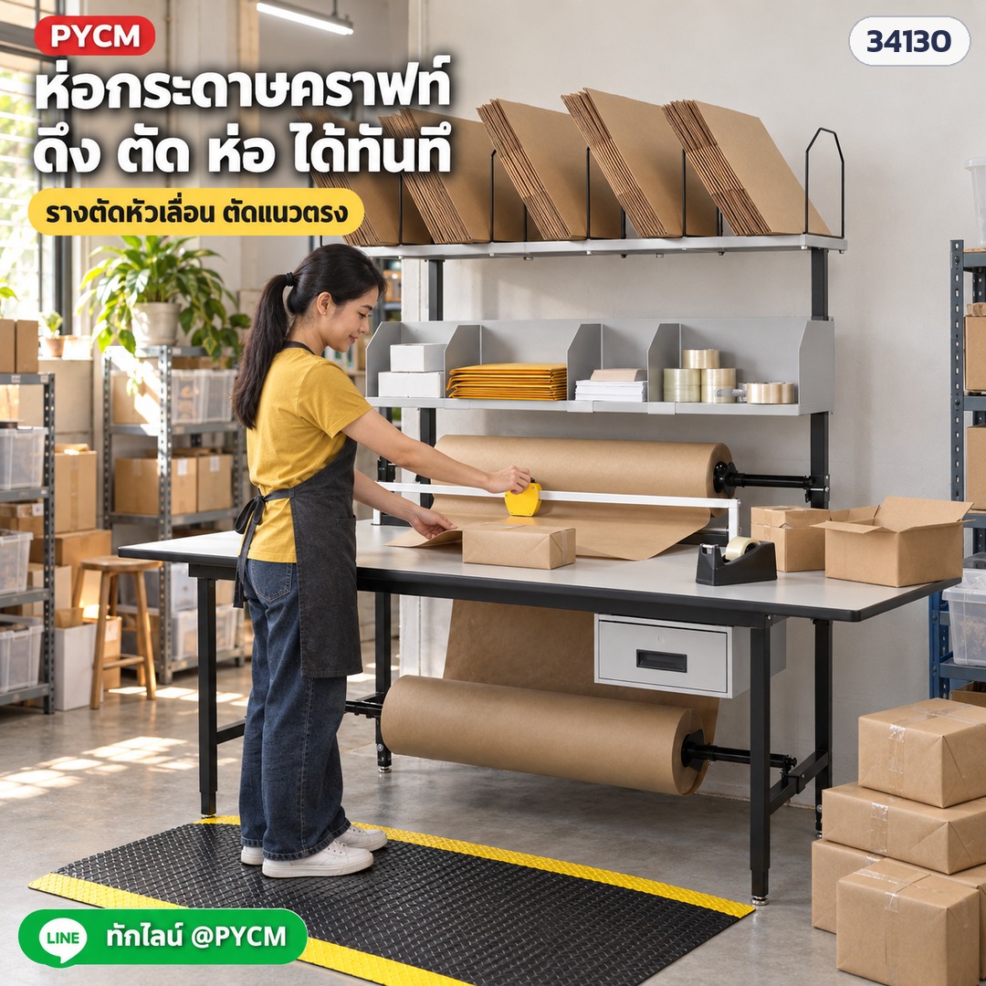 โต๊ะแพ็คของแบบโมดูล ห่อกระดาษคราฟท์ ดึง ตัด ห่อ ได้ทันที ด้วยรางตัดหัวเลื่อนของ PKM-01 (ภาพประกอบ)