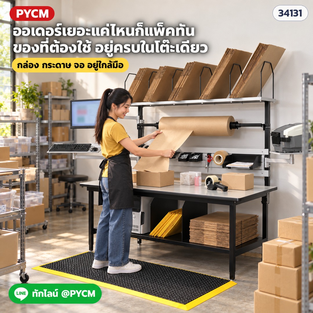 โต๊ะแพ็คของครบชุด PKE-01 – ร้านออนไลน์ออเดอร์เยอะแค่ไหนก็แพ็คทัน — กล่อง กระดาษ จอ อยู่ครบในโต๊ะเดียว (ภาพโฆษณา · ของประกอบฉากไม่รวมในชุด)