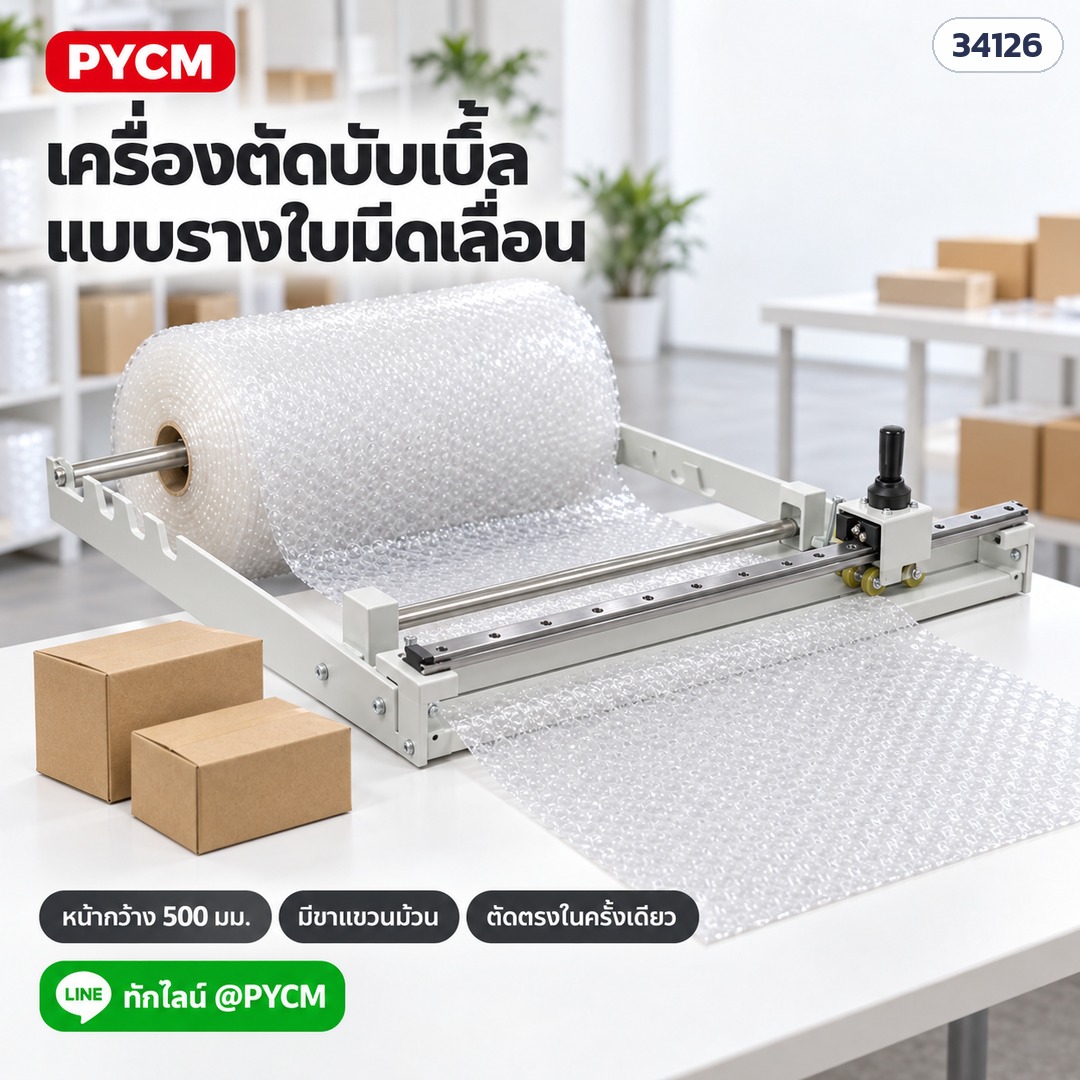 เครื่องตัดบับเบิ้ล – BFC-M500 หน้ากว้าง 500 มม. มีขาแขวนม้วน ตัดตรงในครั้งเดียว (ภาพประกอบ) · ม้วนบับเบิ้ลและกล่องเป็นของประกอบฉาก