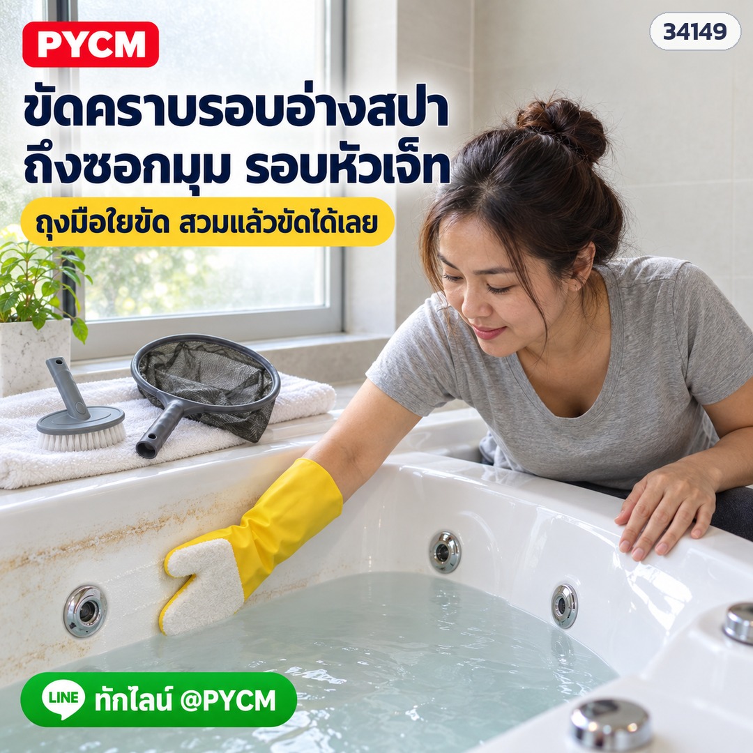 ชุดทำความสะอาดสระเล็ก PCK-01 – สวมถุงมือใยขัดมือขวา ขัดคราบเส้นระดับน้ำรอบอ่างสปา ถึงซอกมุมรอบหัวเจ็ท (ภาพประกอบ)