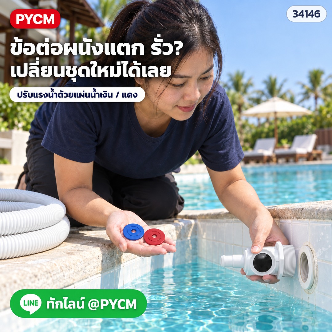 ข้อต่อผนังแตกหรือรั่ว เปลี่ยนชุด PLR-91 ใหม่ ปรับแรงน้ำด้วยแผ่นน้ำเงิน/แดง (ภาพประกอบ · สายหุ่นในภาพเป็นของประกอบฉาก)