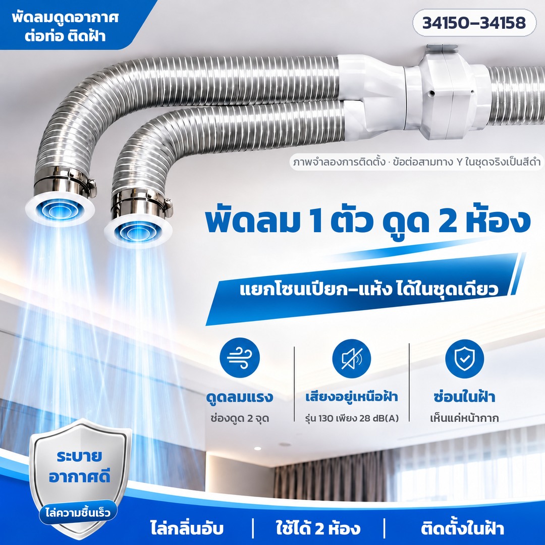 พัดลมดูดอากาศต่อท่อ 1 ตัว ดูด 2 ห้อง แยกโซนเปียก–แห้งได้ในชุดเดียว (ภาพจำลอง · ข้อต่อ Y ในชุดจริงเป็นสีดำ)