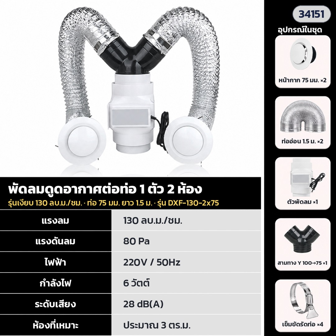 พัดลมดูดอากาศต่อท่อ – DXF-130-2x75 · 130 ลบ.ม./ชม. รุ่นเงียบ · 1 ตัว 2 ห้อง ท่อ 75 มม. ยาว 1.5 ม. (รหัส 34151)