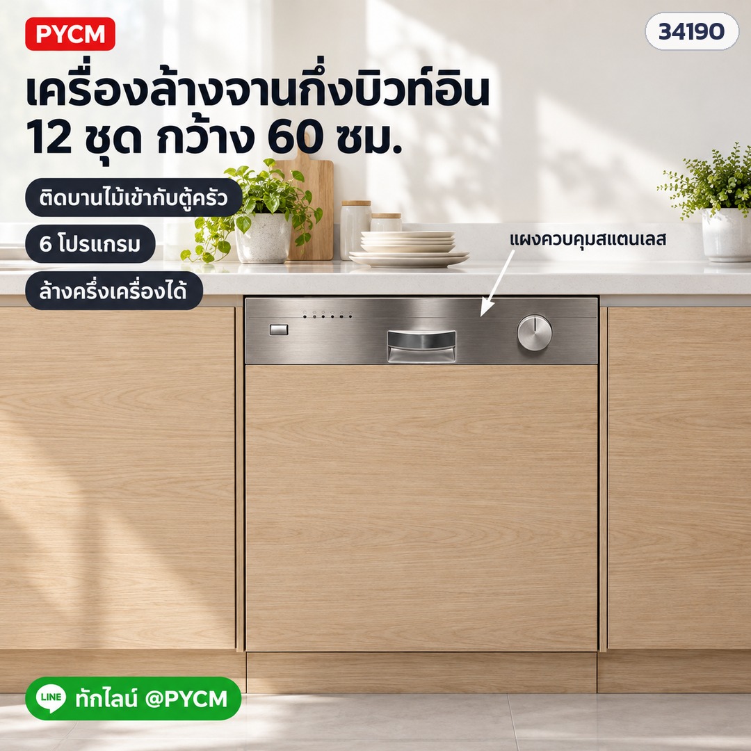 เครื่องล้างจานกึ่งบิวท์อิน 12 ชุด DW-SB12 – ติดตั้งใต้เคาน์เตอร์ ติดบานไม้เข้ากับตู้ครัว เห็นแผงควบคุมสแตนเลสด้านบน (ภาพประกอบ)