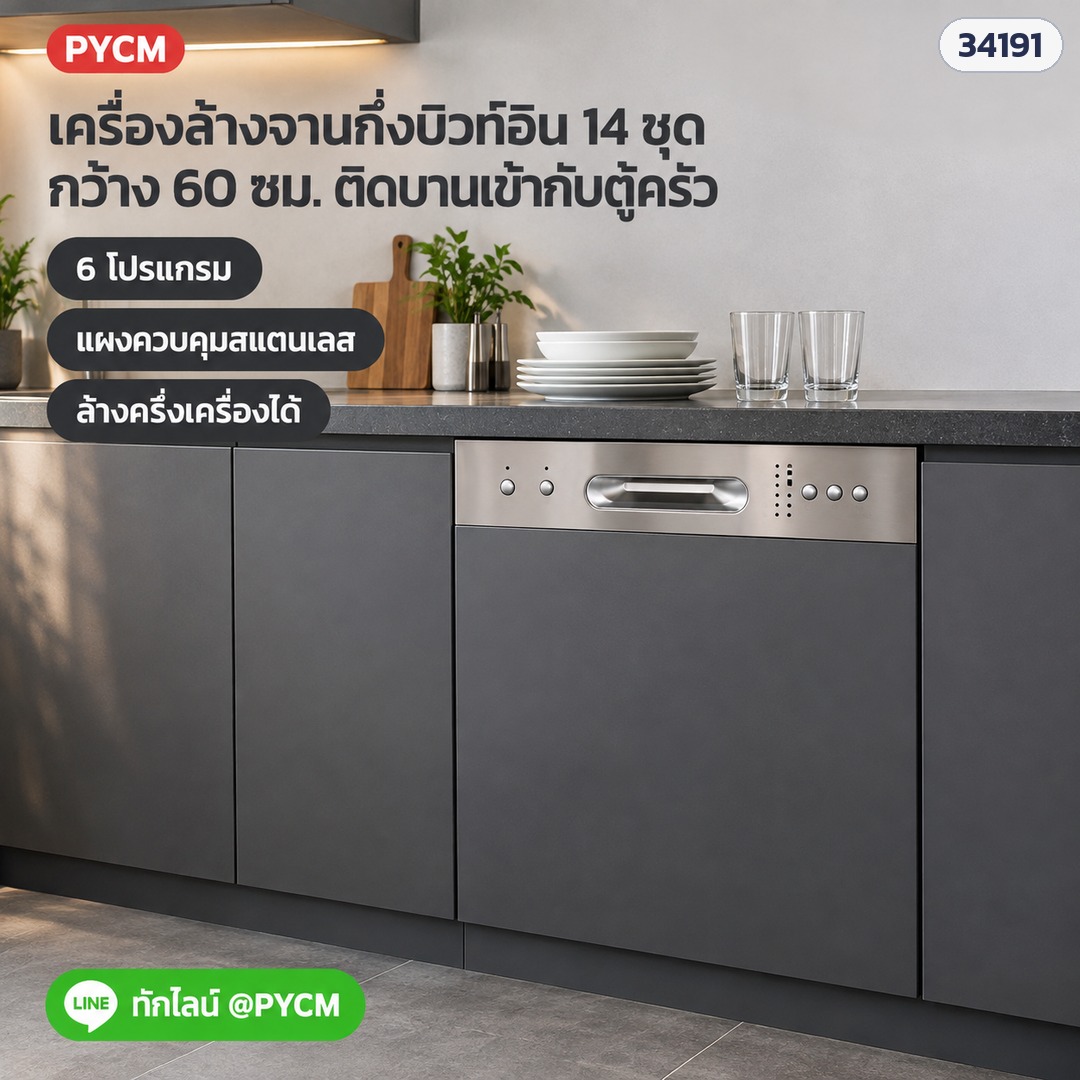 เครื่องล้างจานกึ่งบิวท์อิน 14 ชุด DW-SB14 – ติดตั้งใต้เคาน์เตอร์ในครัวโทนเทา ติดบานให้เข้ากับตู้ครัว แผงควบคุมสแตนเลส 6 โปรแกรม (ภาพประกอบโฆษณา)