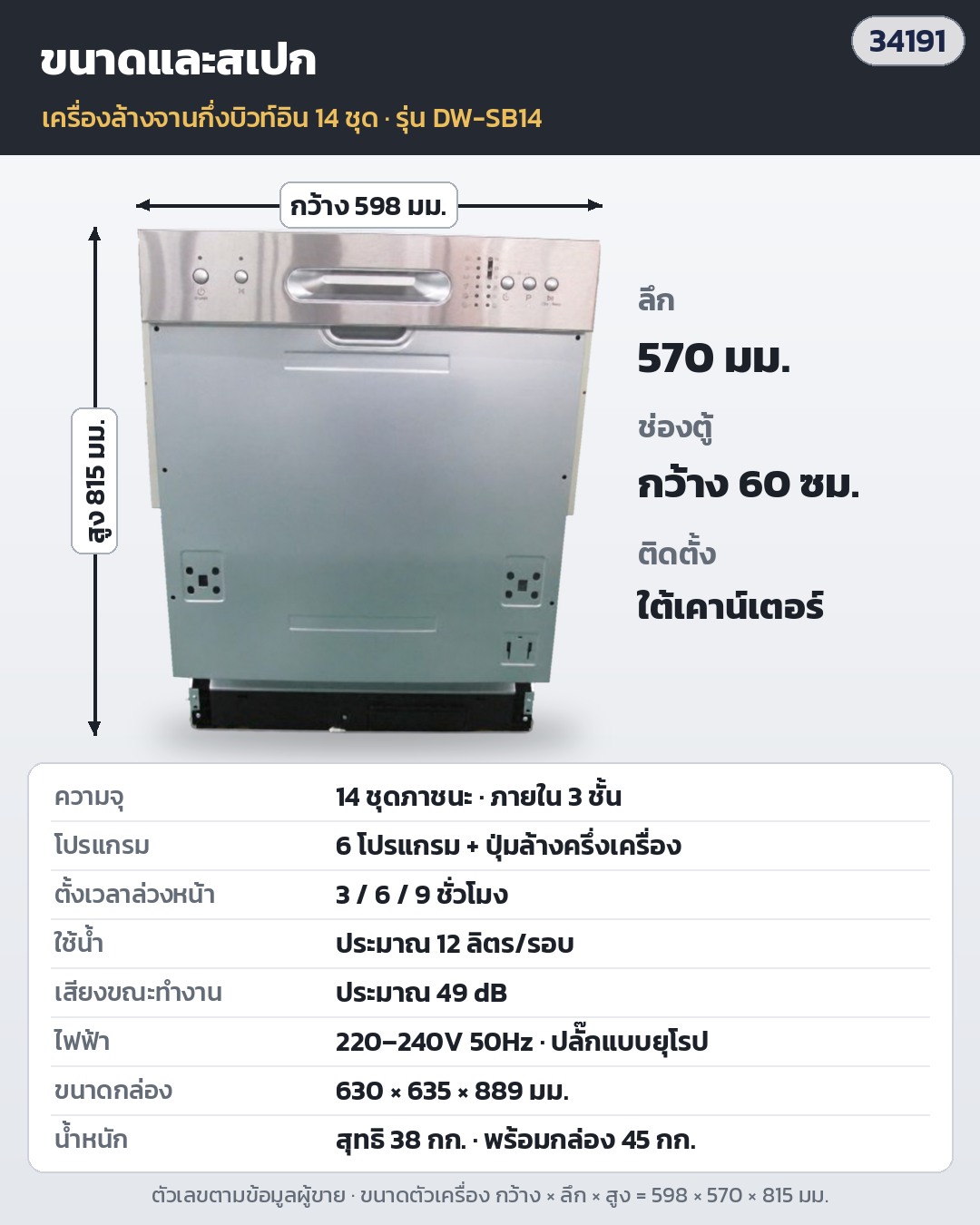 เครื่องล้างจานกึ่งบิวท์อิน 14 ชุด DW-SB14 – ขนาดและสเปก: ตัวเครื่อง 598 × 570 × 815 มม. สำหรับช่องตู้กว้าง 60 ซม. · 14 ชุดภาชนะ ภายใน 3 ชั้น · ใช้น้ำประมาณ 12 ลิตร/รอบ · ประมาณ 49 dB · 220–240V 50Hz