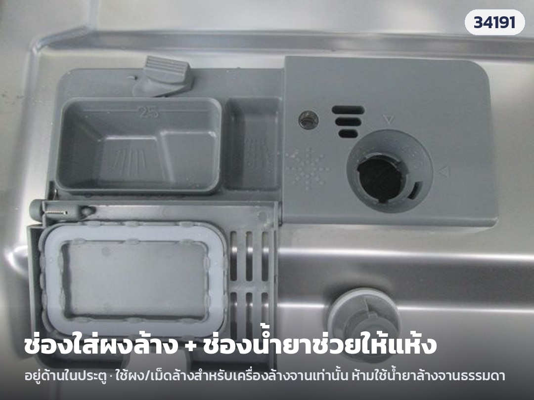 เครื่องล้างจานกึ่งบิวท์อิน 14 ชุด DW-SB14 – ช่องใส่ผงล้าง + ช่องน้ำยาช่วยให้แห้ง ด้านในประตู · ใช้ผง/เม็ดล้างสำหรับเครื่องล้างจานเท่านั้น