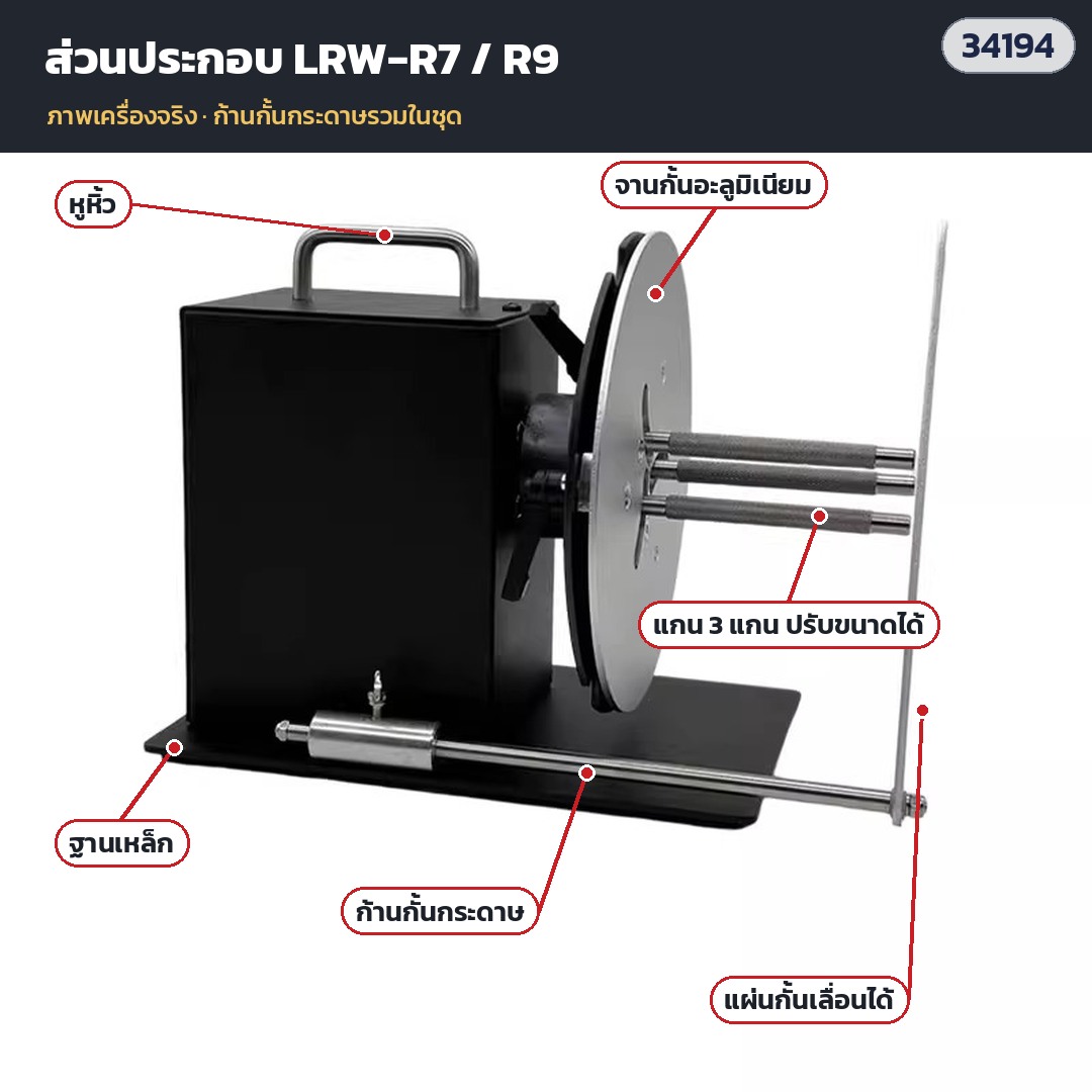 เครื่องม้วนเก็บฉลากอัตโนมัติ – ส่วนประกอบ LRW-R7 / R9: หูหิ้ว จานกั้นอะลูมิเนียม แกน 3 แกนปรับขนาดได้ ก้านกั้นกระดาษ แผ่นกั้นเลื่อนได้ ฐานเหล็ก