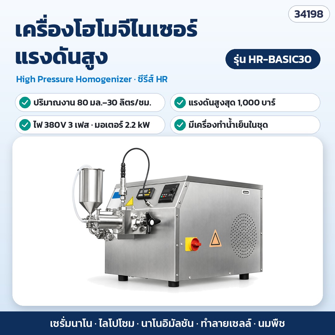 เครื่องโฮโมจีไนเซอร์ – HR-BASIC30 · 80 มล.–30 ลิตร/ชม. · แรงดันสูงสุด 1,000 บาร์ · ไฟ 380V 3 เฟส (รหัส 34198)