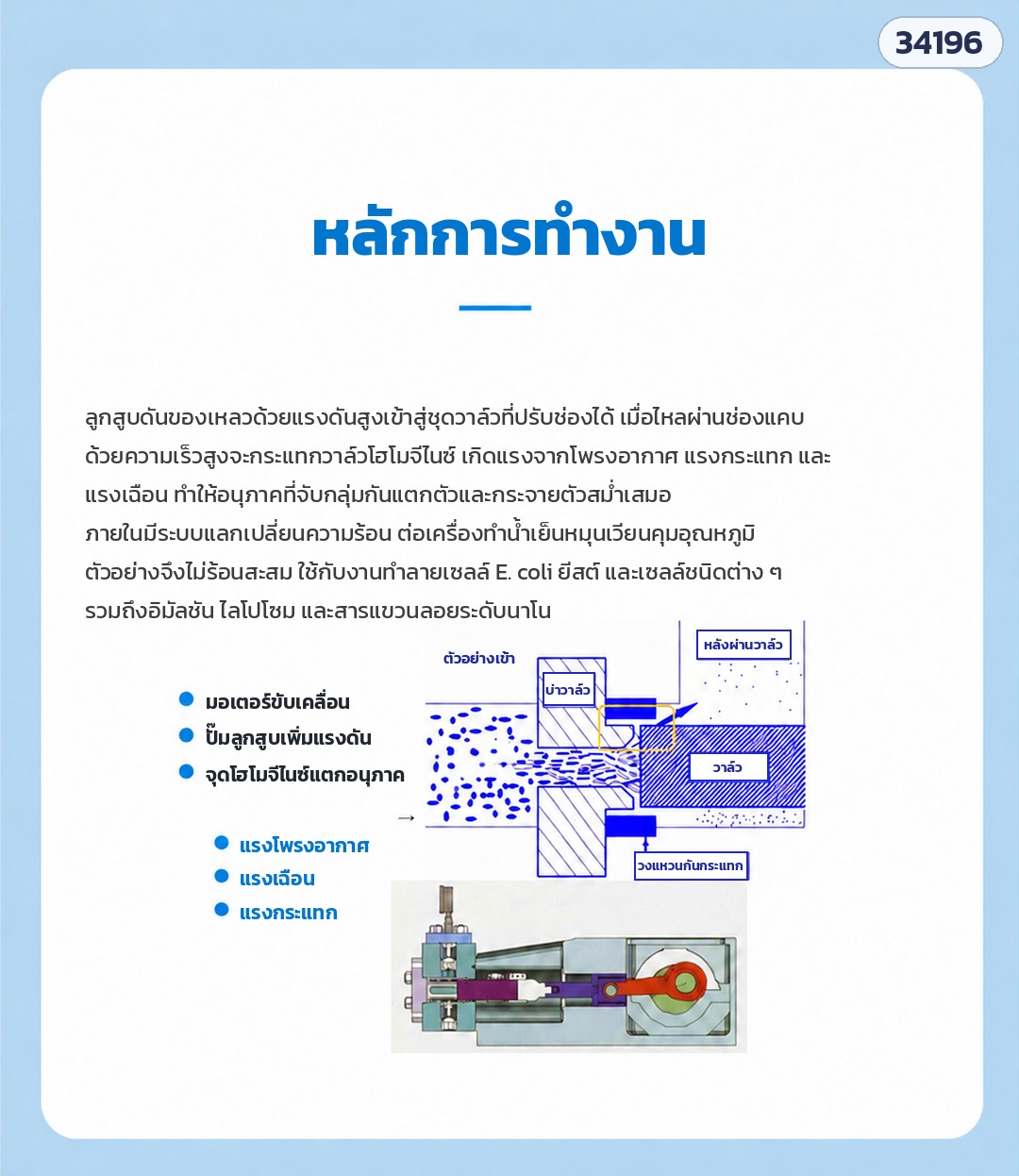 เครื่องโฮโมจีไนเซอร์ – หลักการทำงาน: ลูกสูบดันของเหลวด้วยแรงดันสูงผ่านช่องแคบของวาล์วโฮโมจีไนซ์ เกิดแรงจากโพรงอากาศ แรงกระแทก และแรงเฉือน อนุภาคแตกละเอียด กระจายตัวสม่ำเสมอ · ต่อเครื่องทำน้ำเย็นคุมอุณหภูมิตัวอย่าง