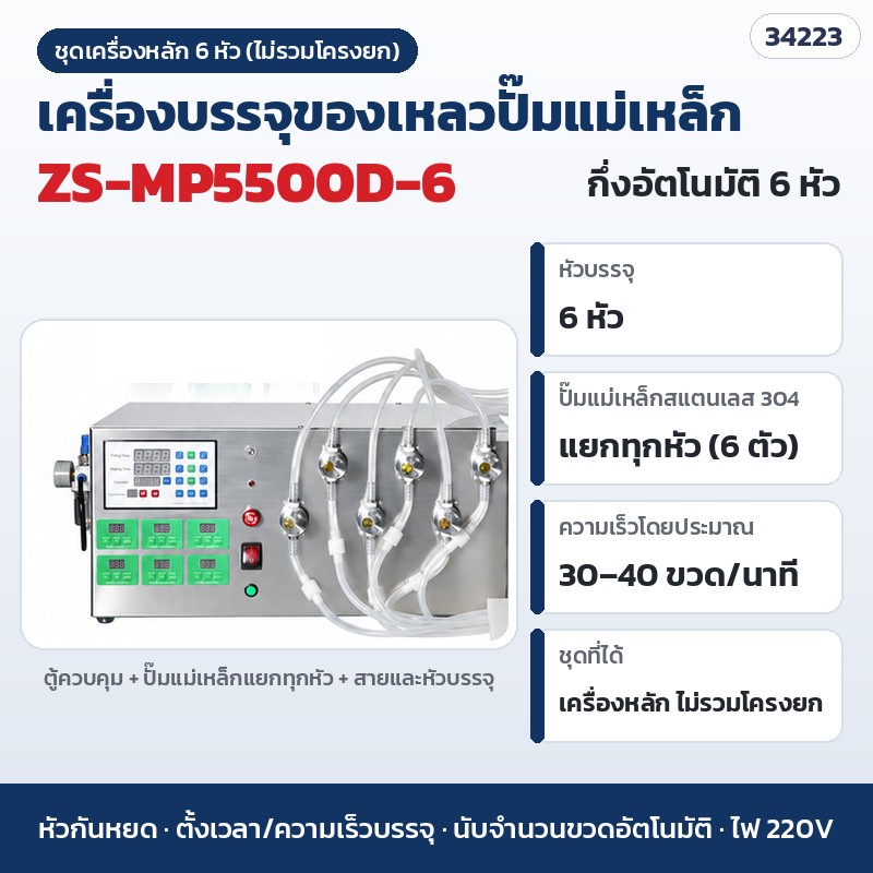 เครื่องบรรจุของเหลวปั๊มแม่เหล็ก – ZS-MP5500D-6 · 6 หัว · 30–40 ขวด/นาที · ชุดเครื่องหลัก ไม่รวมโครงยก (รหัส 34223)