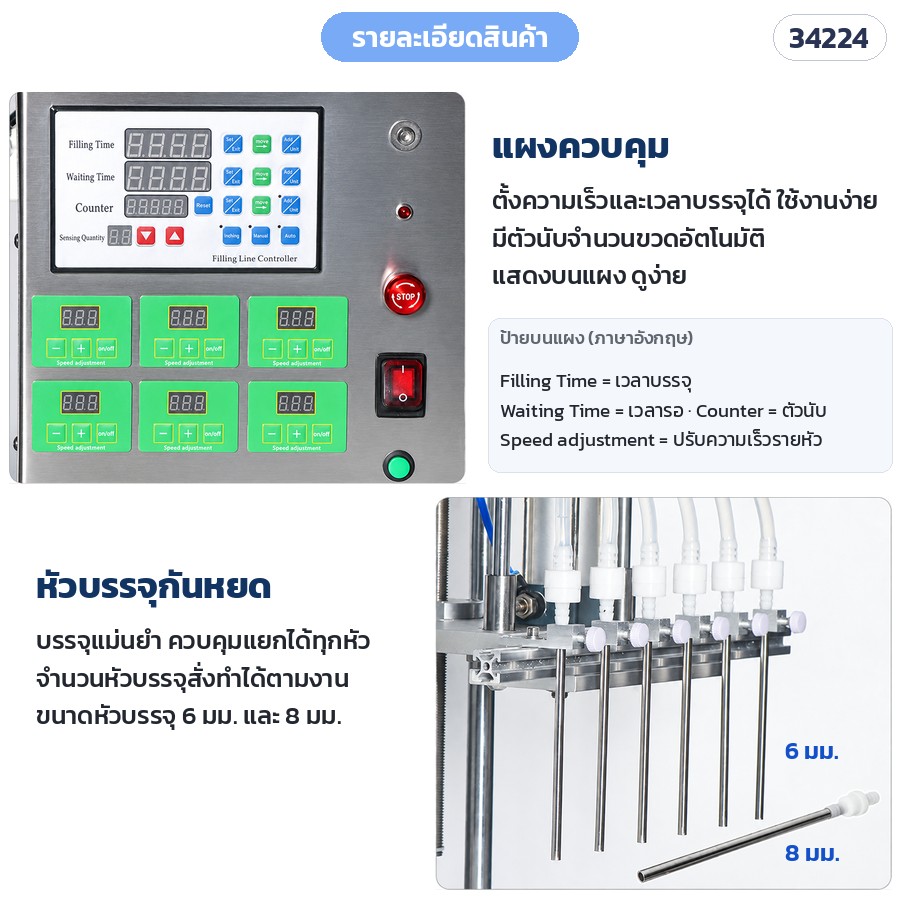 เครื่องบรรจุของเหลวปั๊มแม่เหล็ก – แผงควบคุม: ตั้งเวลาบรรจุ เวลารอ ความเร็วรายหัว นับจำนวนขวด · หัวบรรจุกันหยด 6 มม. / 8 มม.