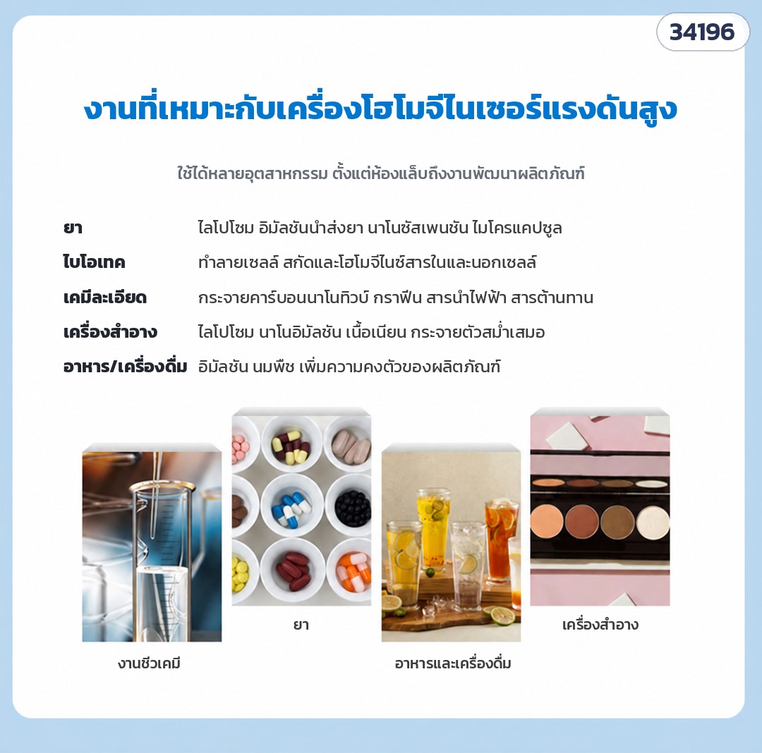 เครื่องโฮโมจีไนเซอร์ – งานที่เหมาะ: ยา · ไบโอเทค · เคมีละเอียด · เครื่องสำอาง · อาหารและเครื่องดื่ม