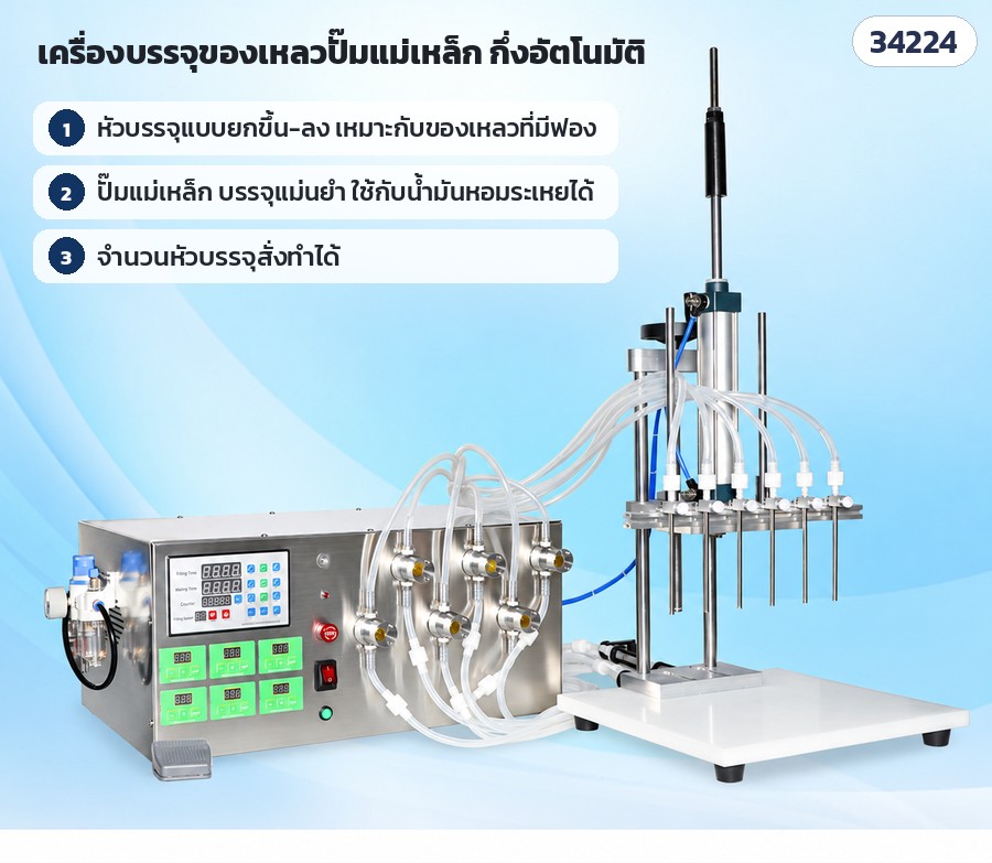 เครื่องบรรจุของเหลวปั๊มแม่เหล็ก – หัวบรรจุแบบยกขึ้น-ลง เหมาะของเหลวมีฟอง · ปั๊มแม่เหล็กบรรจุแม่นยำ · จำนวนหัวสั่งทำได้
