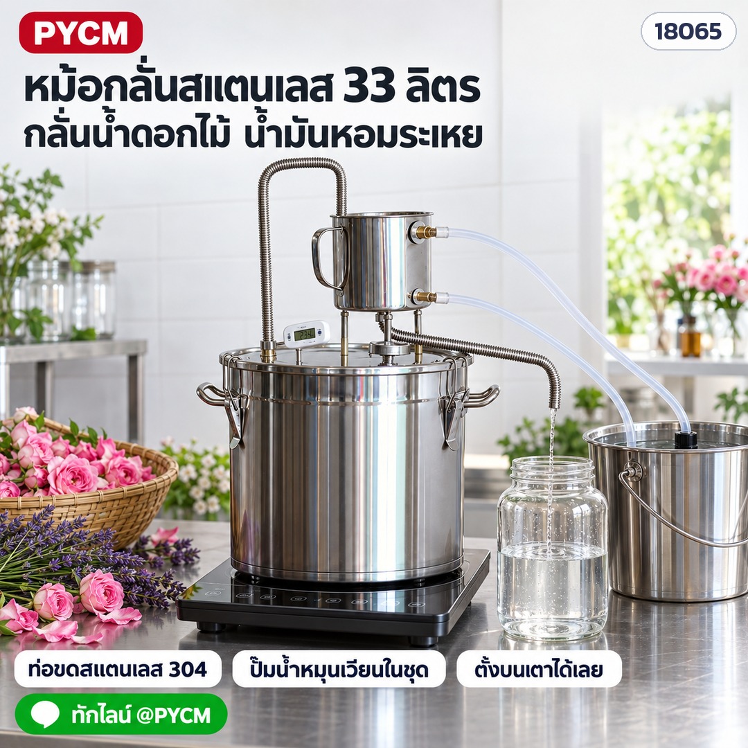 หม้อกลั่นสแตนเลส 33 ลิตร กลั่นน้ำดอกไม้ น้ำมันหอมระเหย