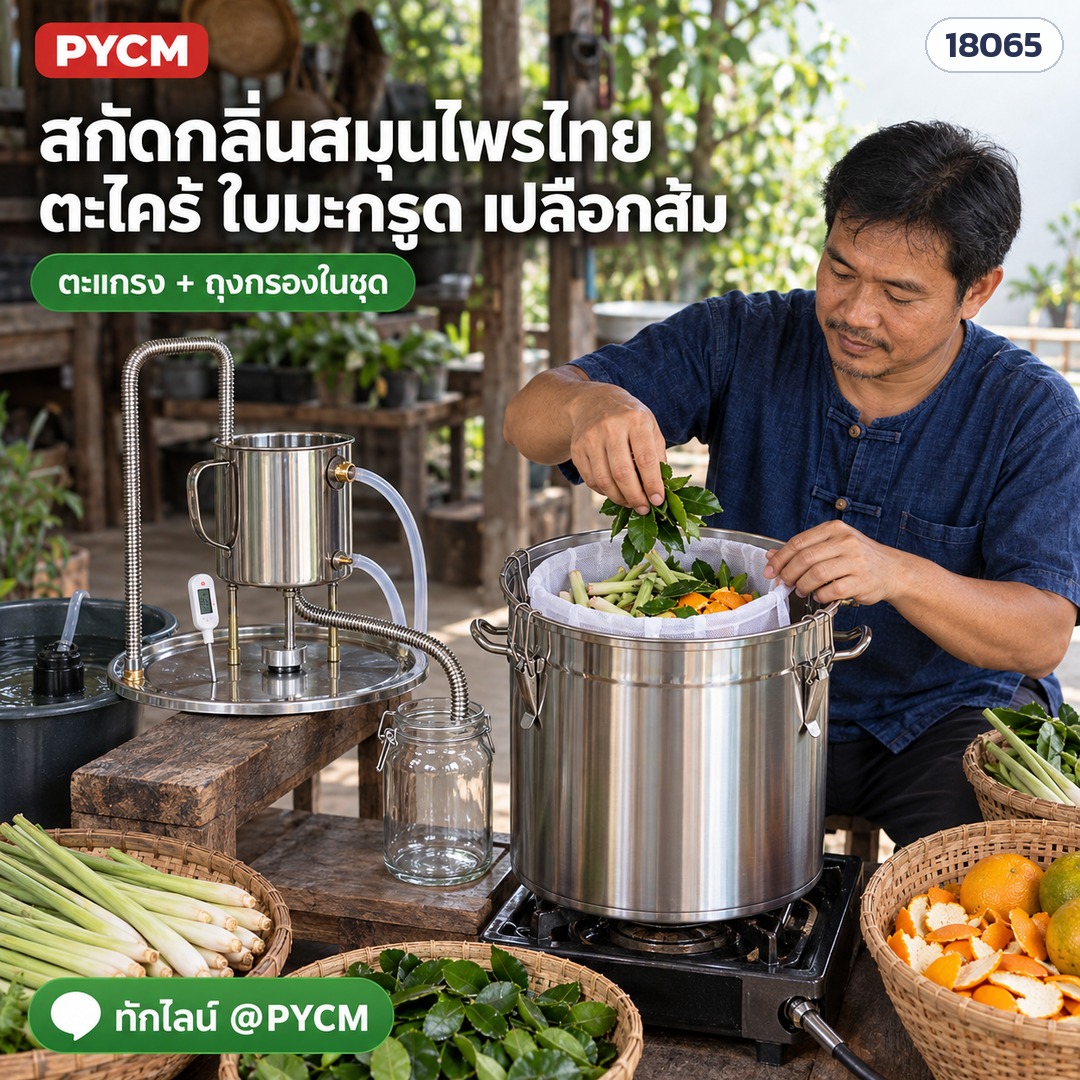 หม้อกลั่นสแตนเลส 33 ลิตร – สกัดกลิ่นสมุนไพรไทย ตะไคร้ ใบมะกรูด เปลือกส้ม