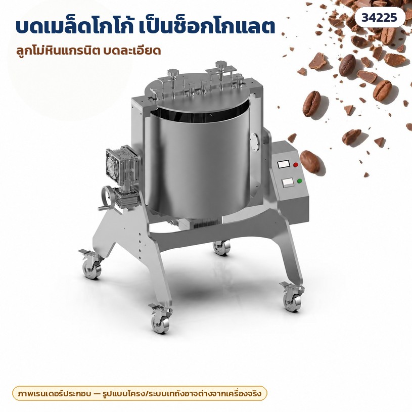 เครื่องโม่หินบดช็อกโกแลต – บดเมล็ดโกโก้เป็นช็อกโกแลต ลูกโม่หินแกรนิตบดละเอียด (ภาพเรนเดอร์ประกอบ รูปแบบโครง/ระบบเทถังอาจต่างจากเครื่องจริง)