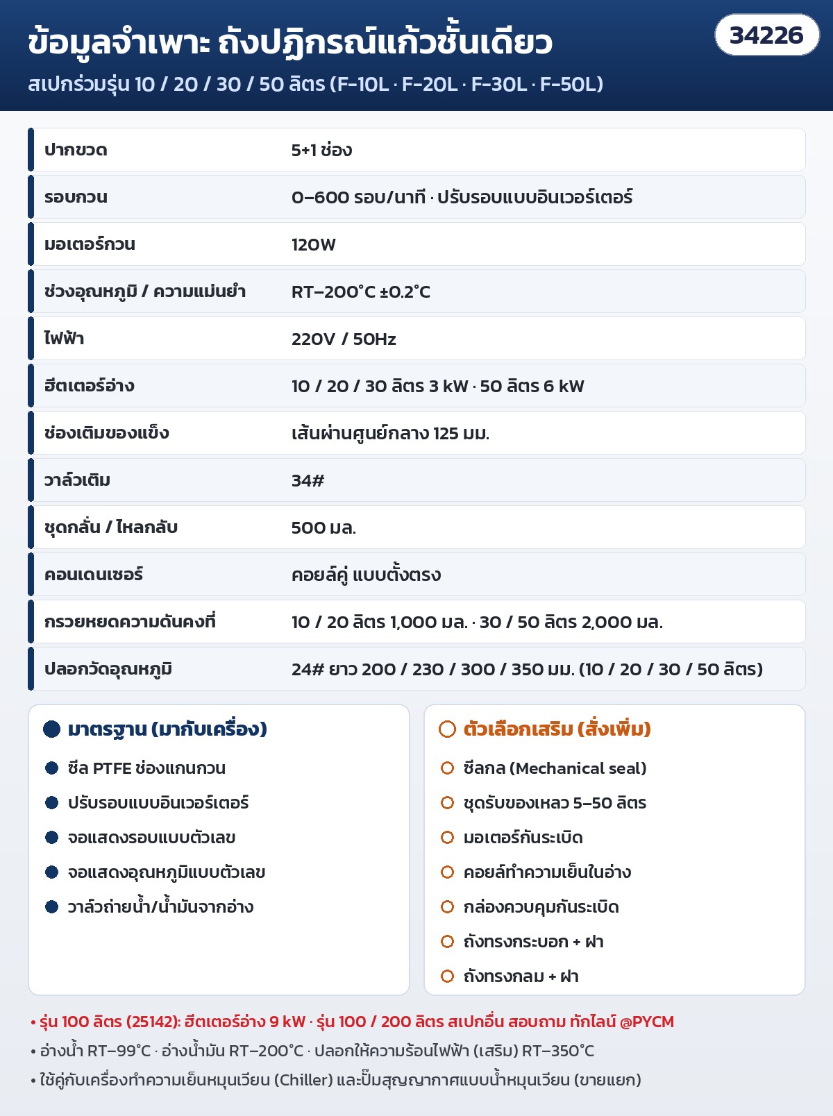 ถังปฏิกรณ์แก้วชั้นเดียว – ข้อมูลจำเพาะ รุ่น 10 / 20 / 30 / 50 ลิตร + อุปกรณ์มาตรฐานและอุปกรณ์เสริม