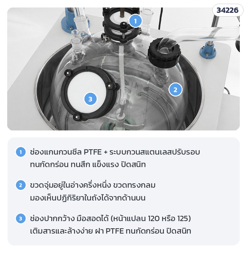 ถังปฏิกรณ์แก้วชั้นเดียว – ช่องแกนกวนซีล PTFE · ขวดจุ่มในอ่างครึ่งหนึ่ง มองเห็นปฏิกิริยาด้านบน · ช่องเติมปากกว้าง ฝา PTFE