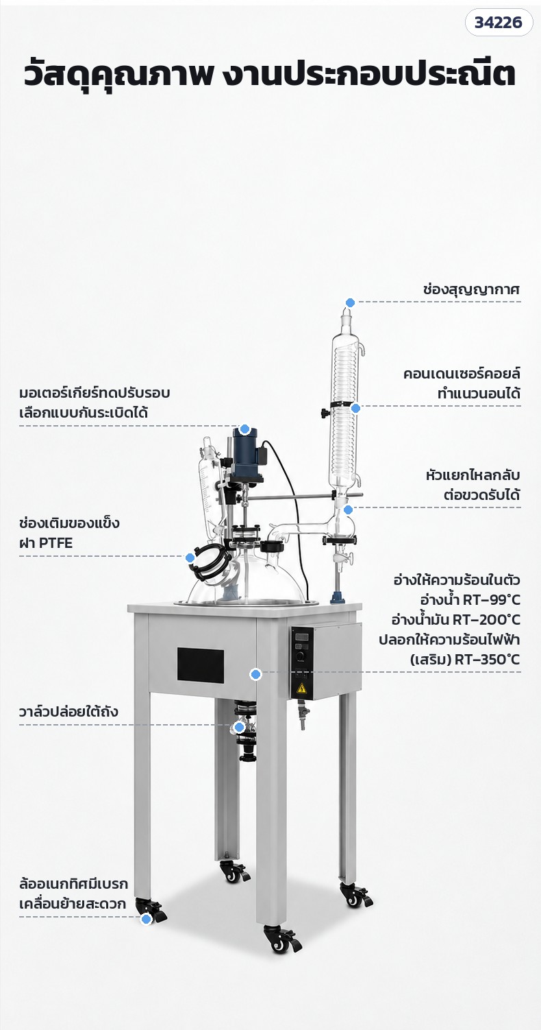 ถังปฏิกรณ์แก้วชั้นเดียว – ช่องสุญญากาศ คอนเดนเซอร์คอยล์ หัวแยกไหลกลับ อ่างน้ำ RT–99°C / น้ำมัน RT–200°C วาล์วปล่อยใต้ถัง ล้ออเนกทิศมีเบรก