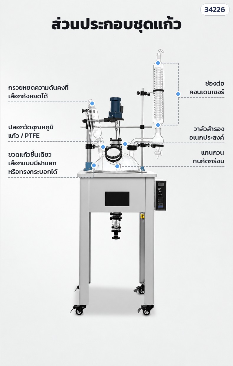 ถังปฏิกรณ์แก้วชั้นเดียว – ชุดแก้ว: กรวยหยดความดันคงที่ ปลอกวัดอุณหภูมิ แก้ว/PTFE ช่องต่อคอนเดนเซอร์ วาล์วสำรอง แกนกวนทนกัดกร่อน