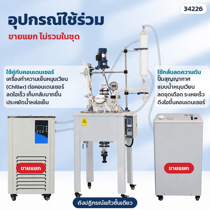 ถังปฏิกรณ์แก้วชั้นเดียว – อุปกรณ์ใช้ร่วม เครื่องทำความเย็นหมุนเวียน และปั๊มสุญญากาศ (ขายแยก ไม่รวมในชุด)