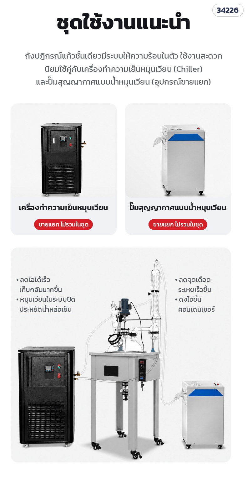ชุดใช้งานแนะนำ: ถังปฏิกรณ์ + เครื่องทำความเย็นหมุนเวียน + ปั๊มสุญญากาศ (ขายแยก)