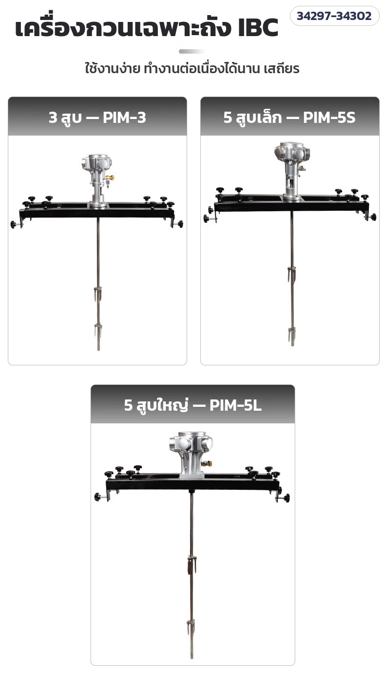 เครื่องกวนผสมระบบลม ถัง IBC – เทียบ 3 กำลังมอเตอร์: PIM-3 (3 สูบ) · PIM-5S (5 สูบเล็ก) · PIM-5L (5 สูบใหญ่)
