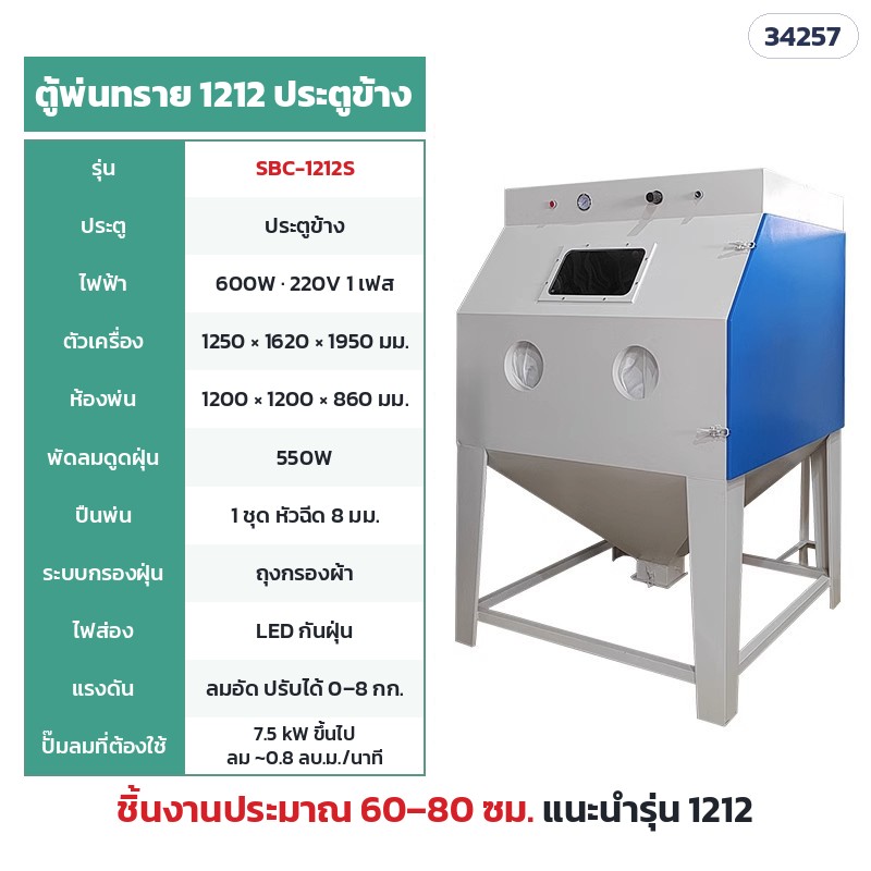 SBC-1212S ตู้แห้ง กรองถุงผ้า 1212 ประตูข้าง (ห้องพ่น 120 × 120 ซม.) · ห้องพ่น 120 × 120 × 86 ซม. · ตัวเครื่อง 125 × 162 × 195 ซม. · ไฟ 220V 600W · พัดลมดูดฝุ่น 550W · ปั๊มลม 7.5 kW ขึ้นไป · น้ำหนักประมาณ 170 กก. · ชิ้นงานแนะนำ 60–80 ซม.