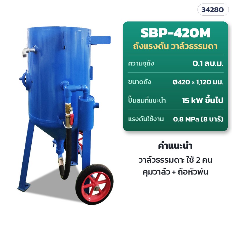 SBP-420M ถังแรงดัน วาล์วธรรมดา · ถัง 0.1 ลบ.ม. · Ø420 × สูง 1,120 มม. · ปั๊มลม 15 kW ขึ้นไป · แรงดันใช้งาน 0.8 MPa · ใช้งาน 2 คน (คุมวาล์ว + ถือหัวพ่น)
