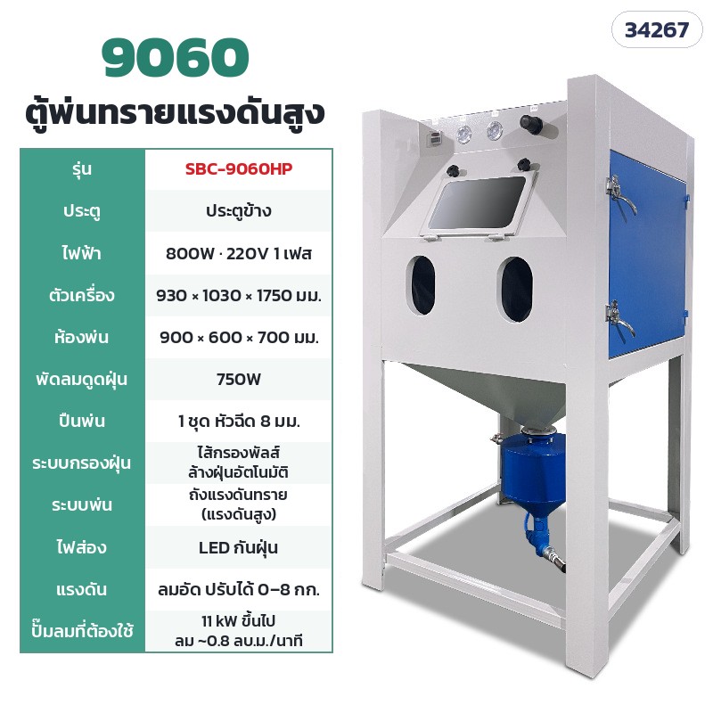 SBC-9060HP ตู้แรงดันสูง 9060 ประตูข้าง (ห้องพ่น 90 × 60 ซม.) · ห้องพ่น 90 × 60 × 70 ซม. · ตัวเครื่อง 93 × 103 × 175 ซม. · ไฟ 220V 800W · พัดลมดูดฝุ่น 750W · ปั๊มลม 11 kW ขึ้นไป · น้ำหนักประมาณ 150 กก.