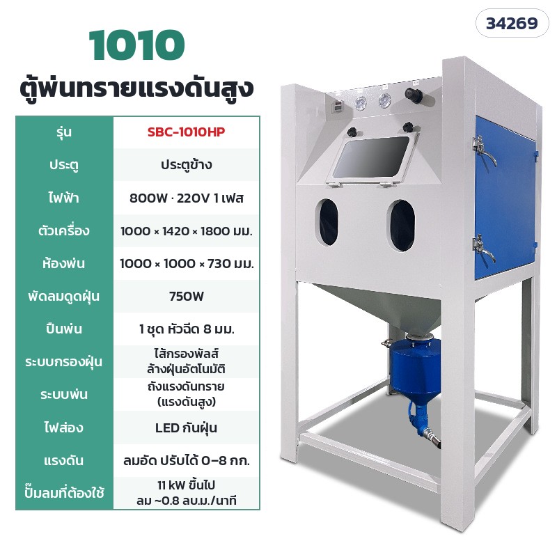 SBC-1010HP ตู้แรงดันสูง 1010 ประตูข้าง (ห้องพ่น 100 × 100 ซม.) · ห้องพ่น 100 × 100 × 73 ซม. · ตัวเครื่อง 100 × 142 × 180 ซม. · ไฟ 220V 800W · พัดลมดูดฝุ่น 750W · ปั๊มลม 11 kW ขึ้นไป · น้ำหนักประมาณ 200 กก.