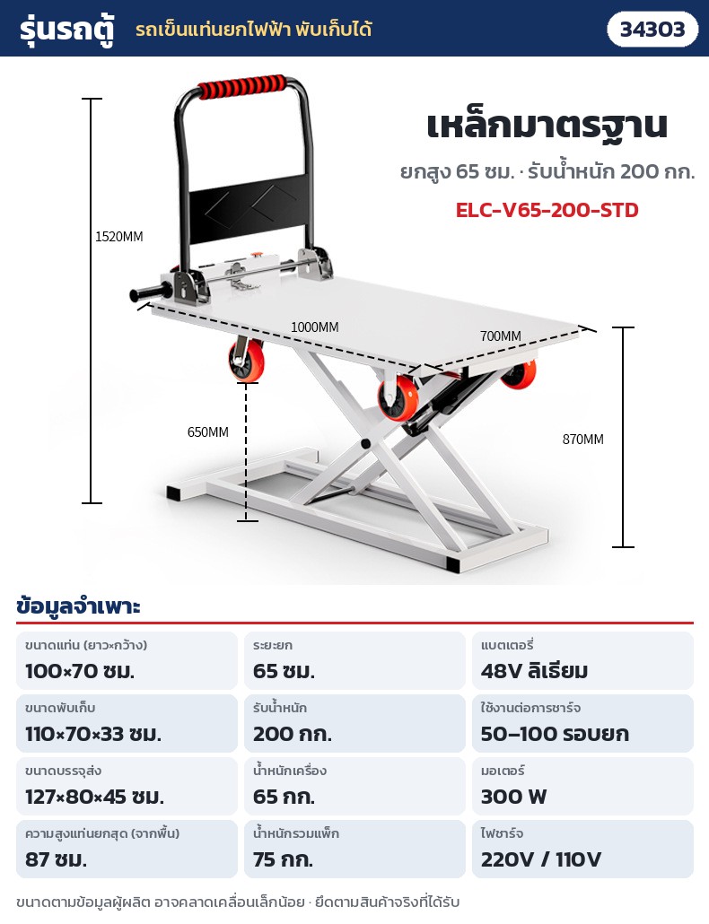 รถเข็นแท่นยกไฟฟ้า พับเก็บได้ – ELC-V65-200-STD รถตู้ เหล็กมาตรฐาน ยก 65 ซม. รับ 200 กก. · แท่น 100 × 70 ซม. · ยกสูง 65 ซม. (แท่นสูงสุดจากพื้น 87 ซม.) · รับน้ำหนัก 200 กก. · พับ 110 × 70 × 33 ซม. · น้ำหนักเครื่อง 65 กก. · แบตลิเธียม 48V