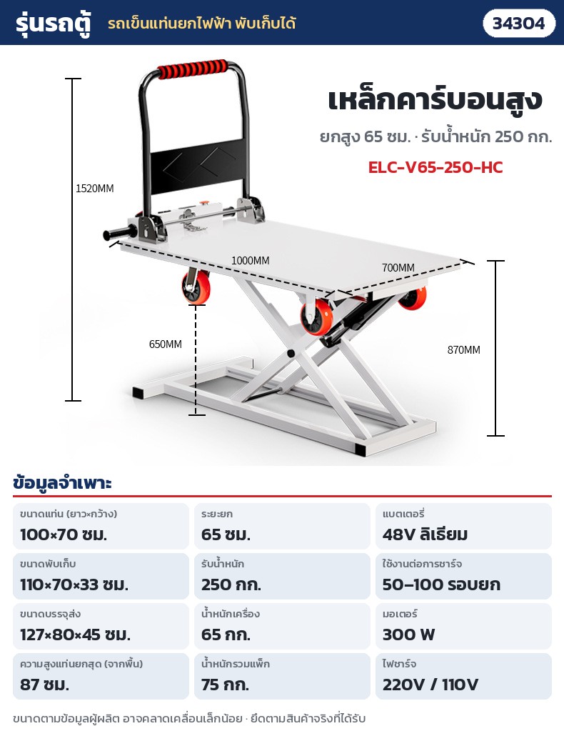 รถเข็นแท่นยกไฟฟ้า พับเก็บได้ – ELC-V65-250-HC รถตู้ เหล็กคาร์บอนสูง ยก 65 ซม. รับ 250 กก. · แท่น 100 × 70 ซม. · ยกสูง 65 ซม. (แท่นสูงสุดจากพื้น 87 ซม.) · รับน้ำหนัก 250 กก. · พับ 110 × 70 × 33 ซม. · น้ำหนักเครื่อง 65 กก. · แบตลิเธียม 48V