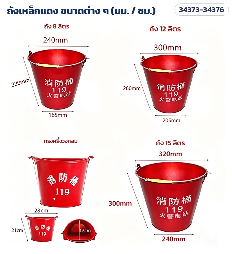 ขนาดถังเหล็กแดง 8 ลิตร (ปาก Ø240 สูง 220 ก้น Ø165 มม.) · 12 ลิตร (Ø300 สูง 260 ก้น Ø205 มม.) · 15 ลิตร (Ø320 สูง 300 ก้น Ø240 มม.) · ทรงครึ่งวงกลม ~28 × 21 × 17 ซม.
