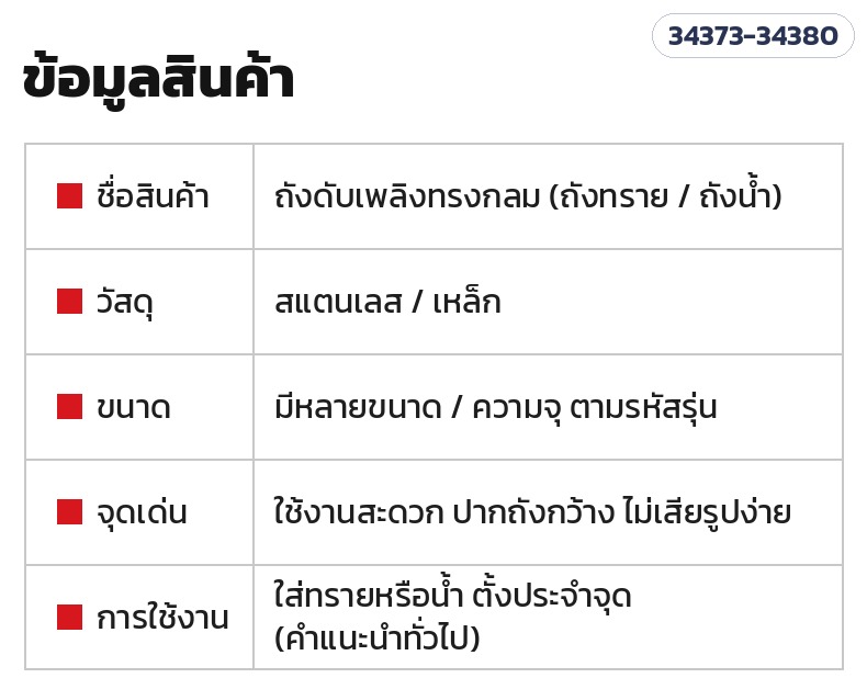 ข้อมูลสินค้า: ถังทรายดับเพลิง (ถังทราย / ถังน้ำ) · สแตนเลส / เหล็ก · หลายขนาดตามรหัสรุ่น · ใส่ทรายหรือน้ำ ตั้งประจำจุด (คำแนะนำทั่วไป)