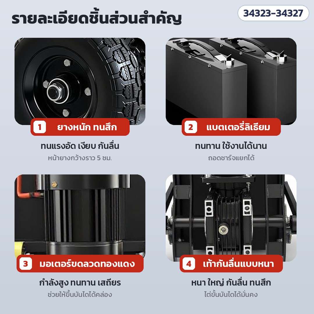 รถเข็นไฟฟ้าขึ้นบันได แบบแขนรับ ถาดรองหนา – รายละเอียดชิ้นส่วนสำคัญ: ยางหนักหน้ากว้าง แบตเตอรี่ลิเธียม มอเตอร์ขดลวดทองแดง เท้ากันลื่นหนา