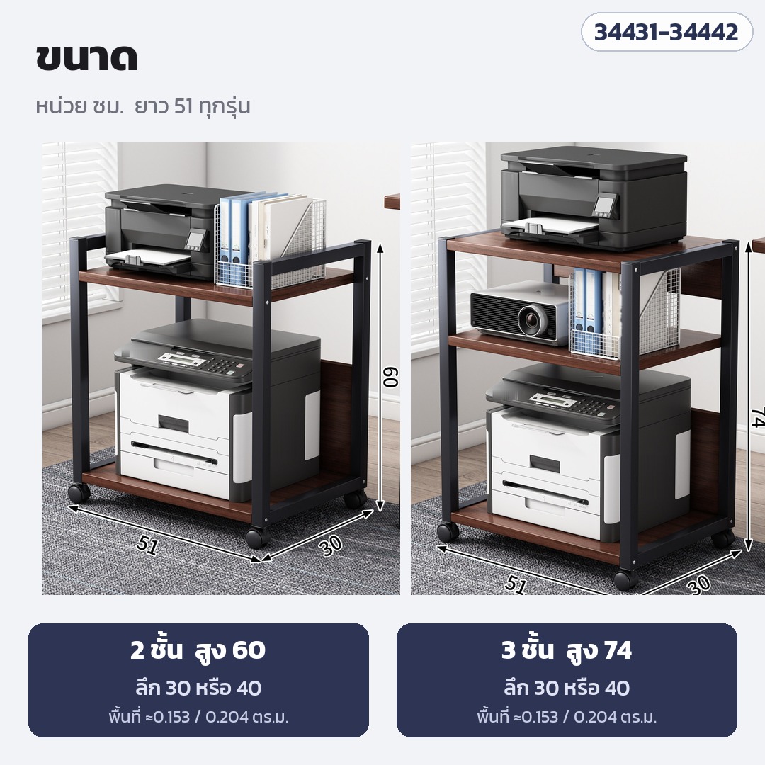 ขนาดชั้นวาง 2 ชั้น สูง 60 ซม. / 3 ชั้น สูง 74 ซม. ยาว 51 ซม. ลึก 30 / 40 ซม.