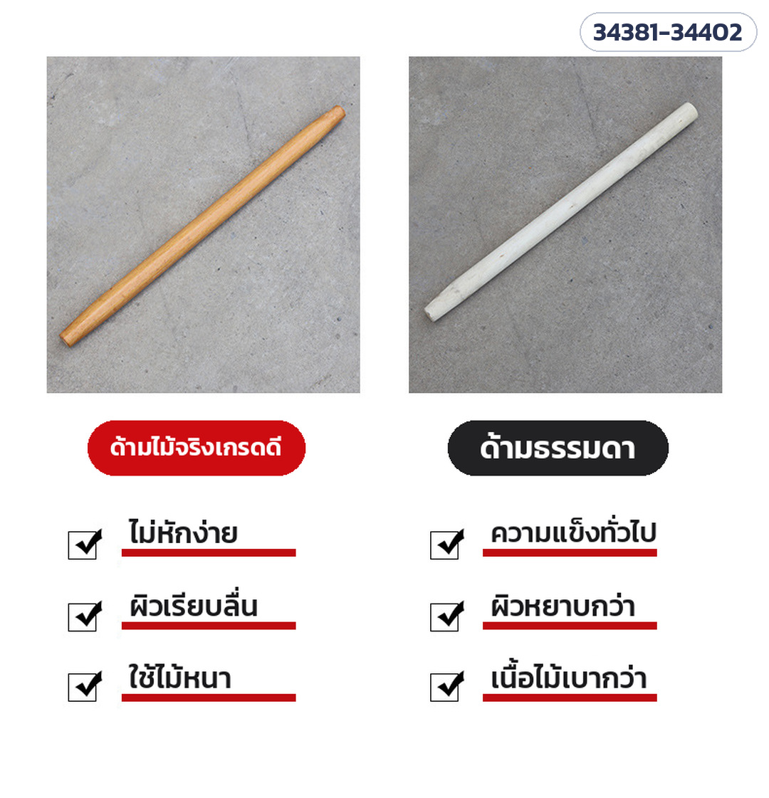 พลั่วเหล็กดับเพลิง ด้ามไม้ หัวจับตัว D – เปรียบเทียบด้าม: ด้ามไม้เกรดดี (ไม่หักง่าย ผิวเรียบลื่น) กับด้ามธรรมดา