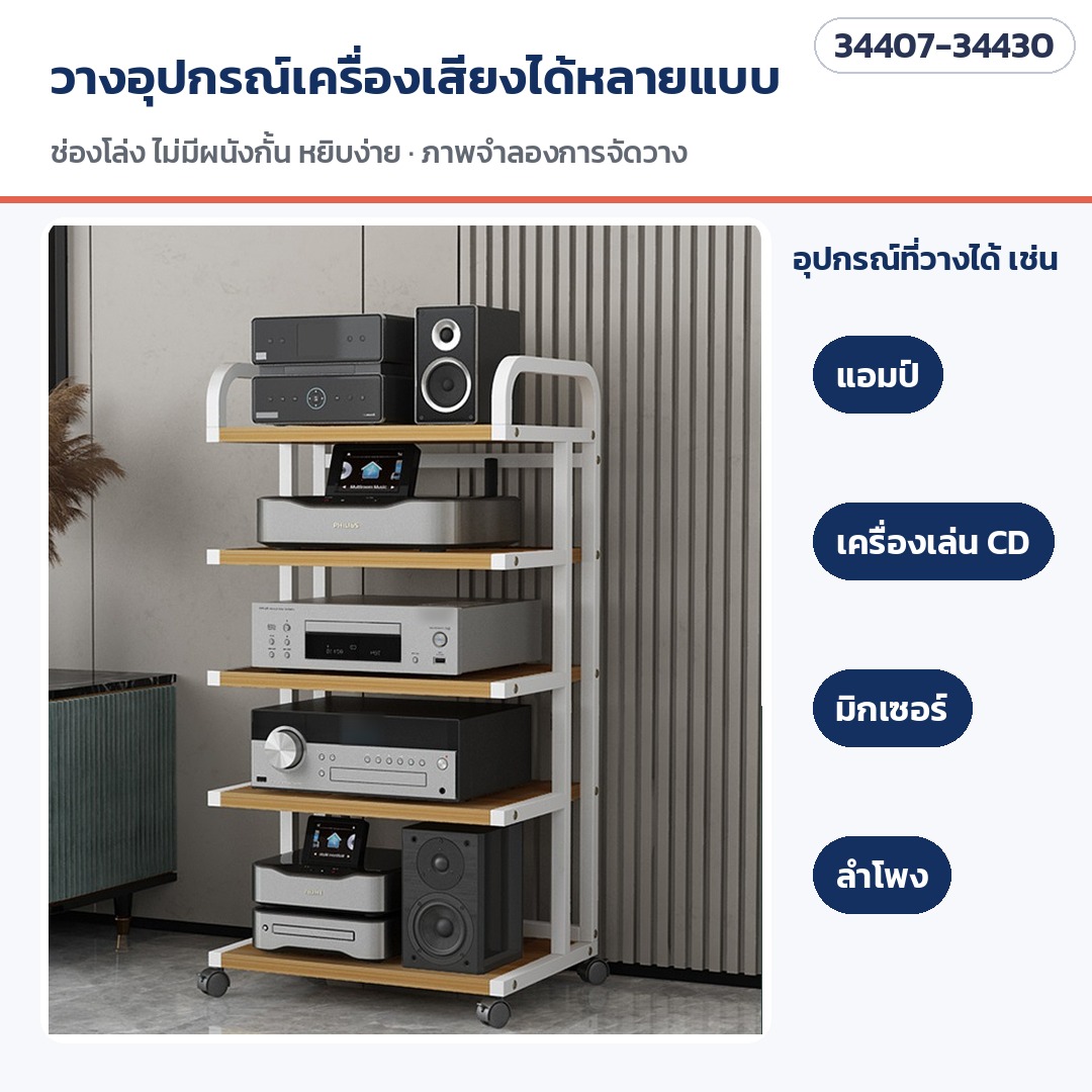 ชั้นวางเครื่องเสียง มีล้อเลื่อน – อุปกรณ์ที่วางได้: แอมป์ เครื่องเล่น ลำโพง ซับวูฟเฟอร์ เครื่องพิมพ์ (ภาพจำลองการจัดวาง)