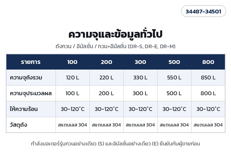 ความจุ 100/200/300/500/800 ลิตร ถังรวม 120/220/330/550/850 ลิตร
