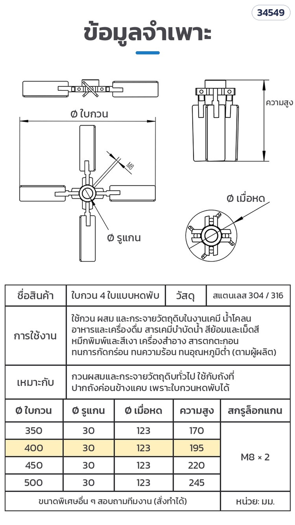 ตารางขนาด — แถวที่ไฮไลต์คือรุ่น FBI304-400 Ø ใบกวนกางเต็ม 400 มม. · รูแกน Ø30 มม. · Ø เมื่อหดพับ 123 มม. · สูง 195 มม. · สกรูล็อกแกน M8 × 2 ตัว