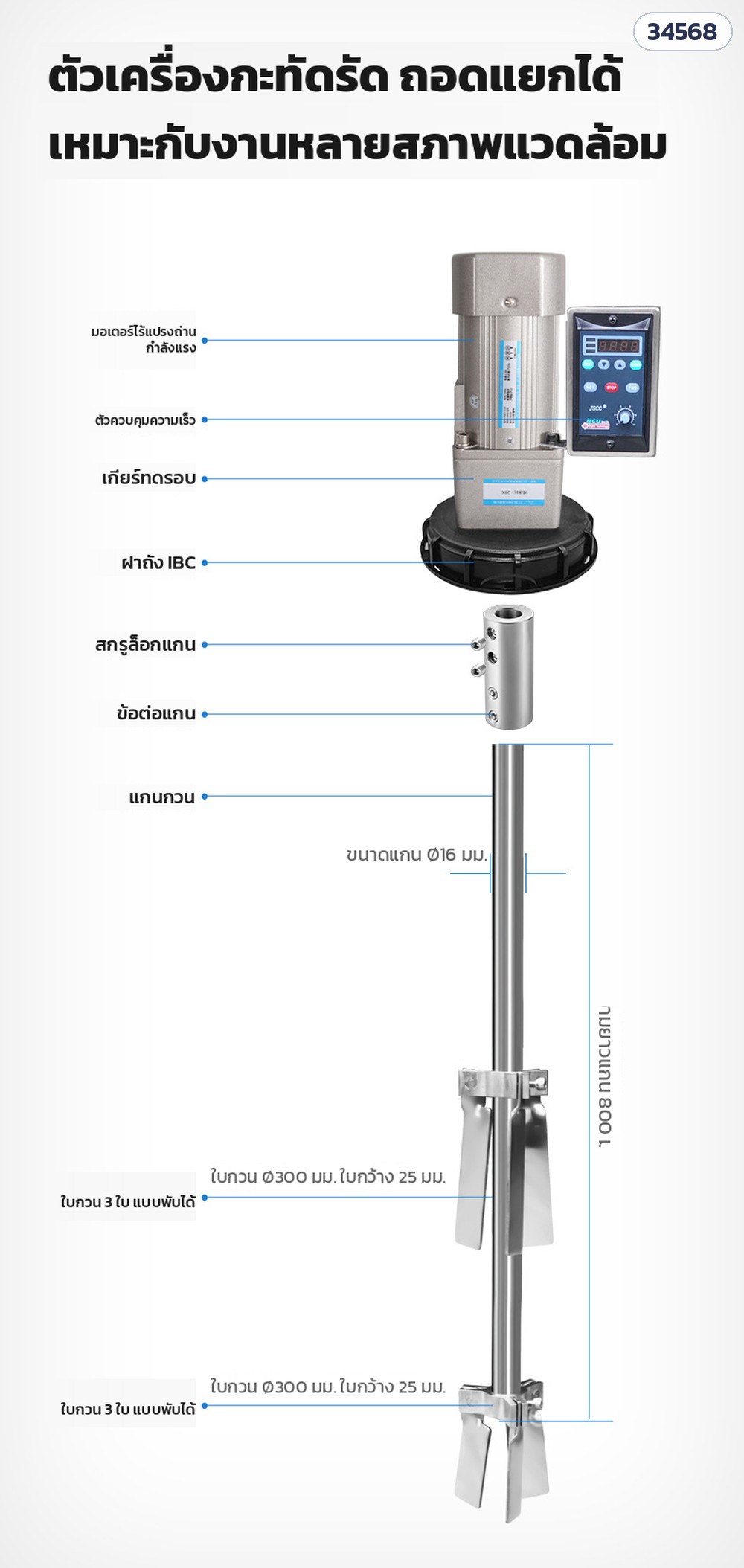 เครื่องกวนถัง IBC แบบฝาถัง 220V – ชื่อชิ้นส่วน: มอเตอร์ เกียร์ทดรอบ ฝาถัง ข้อต่อแกน แกนกวน ใบกวน 3 ใบพับได้