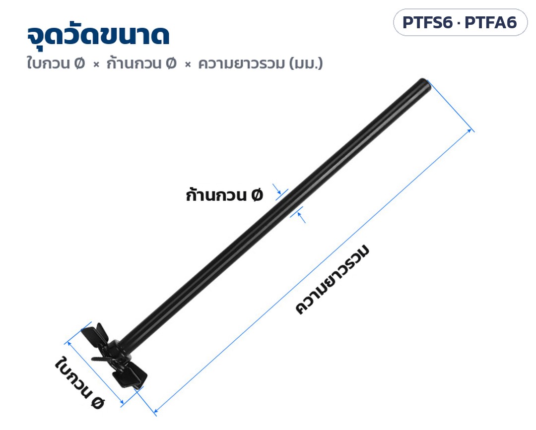 จุดวัดขนาด: ใบกวน Ø ก้านกวน Ø และความยาวรวม